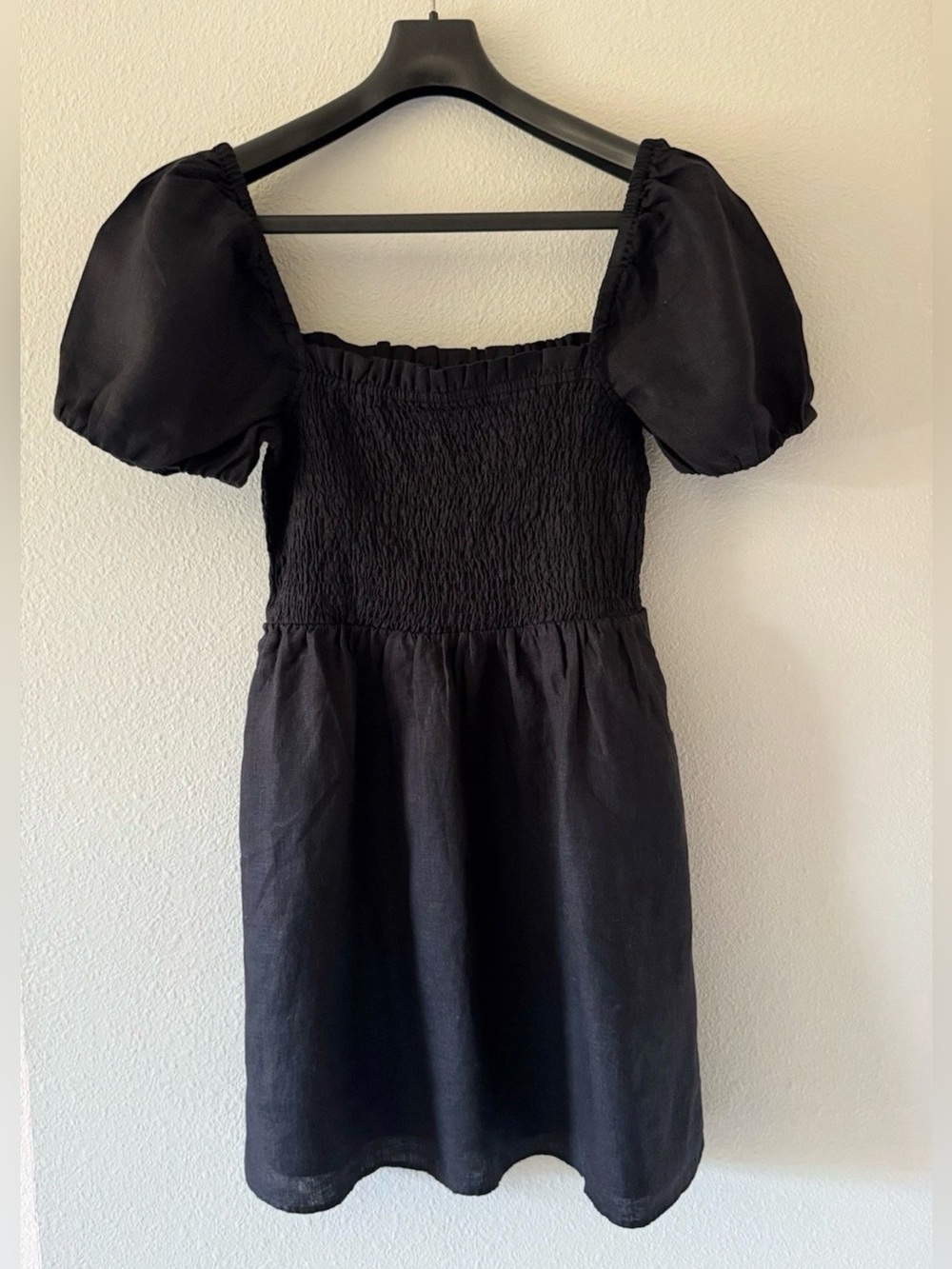 J Crew Linen Smocked Mini Dress Medium Black Puff Sleeve Square Neck NWT